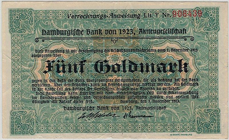 Hamburgische Bank, 5 goldmark 1923