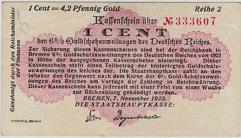 Bremen, 1 cent 1923