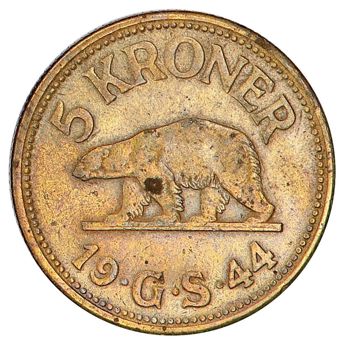 Grønland,  5 kroner 1944, kv. 1/1+
