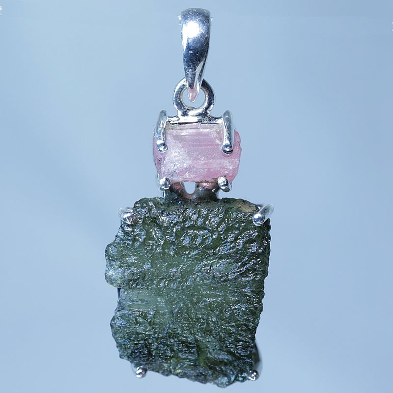 Moldavitt-anheng med rosa turmalin (sterling sølv/925 Ag)