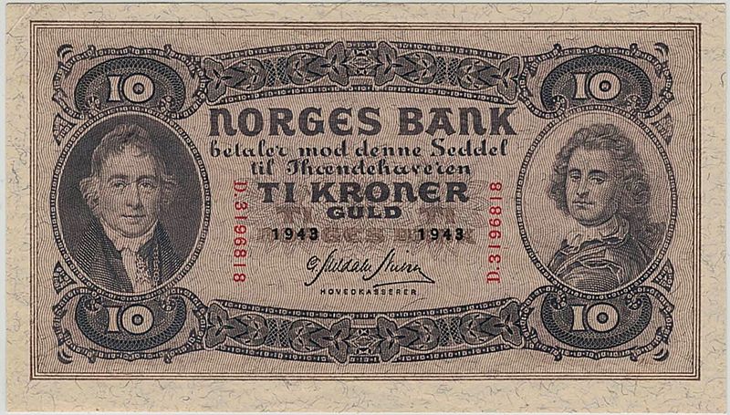 10 kroner 1943 D, kv. 01